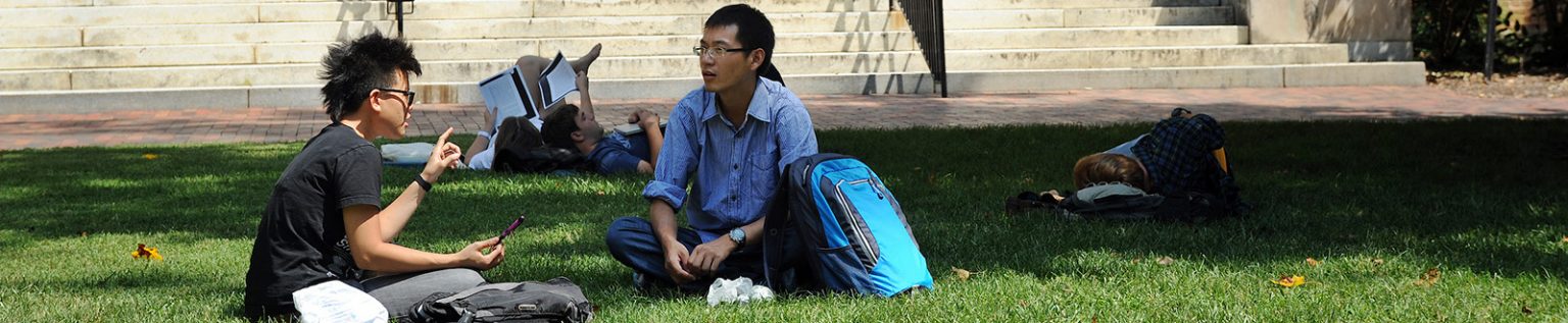 two students on grass talking